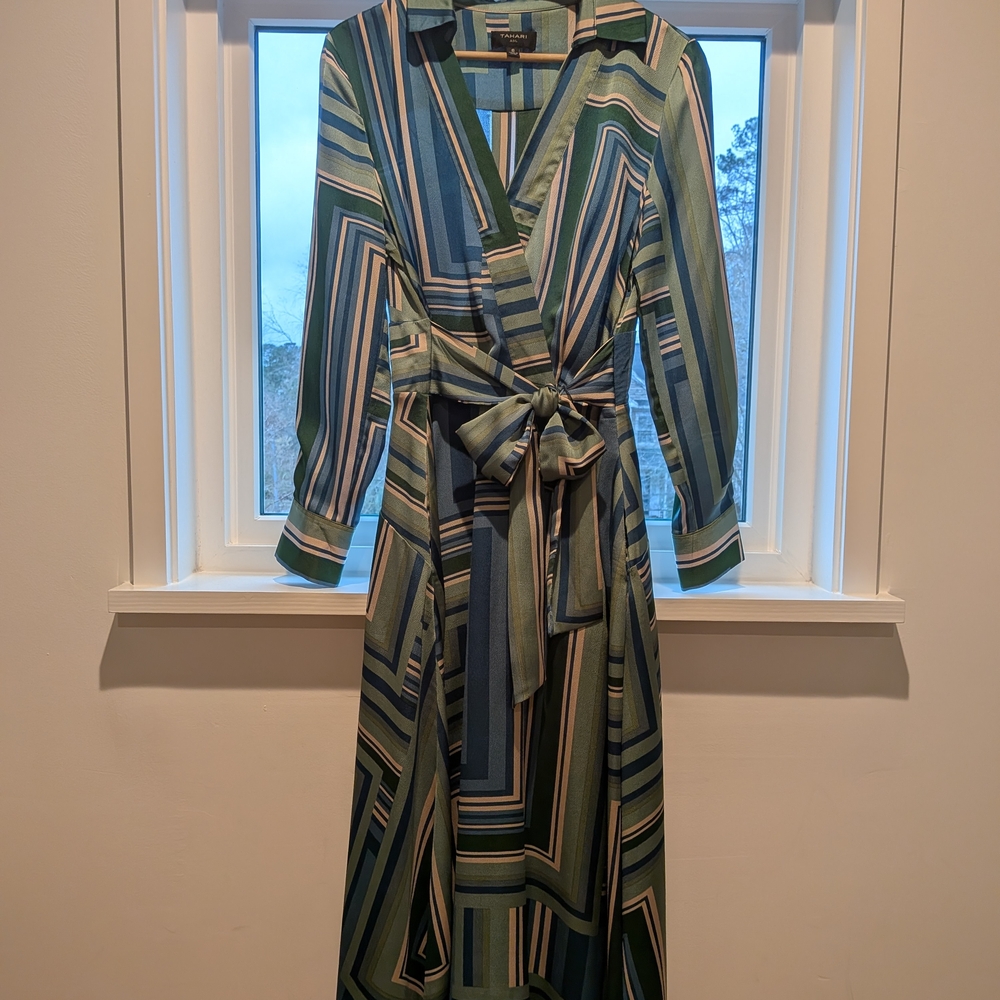 Tahari ASL Green and Blue Geometric Midi Dress - Picture 2 of 6